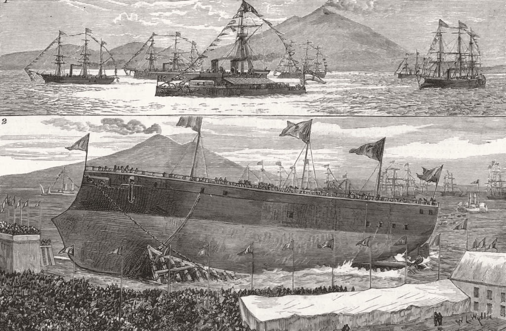 ITALY. Launch. Ironclad Italia Castellamare; UK fleet King Humbert Naples 1880